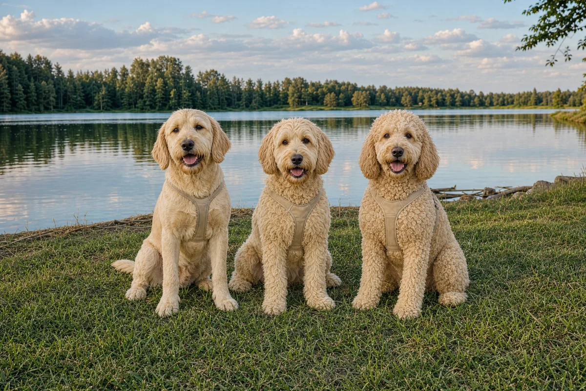Labradoodle o sierści prostej, falistej i kręconej obok siebie