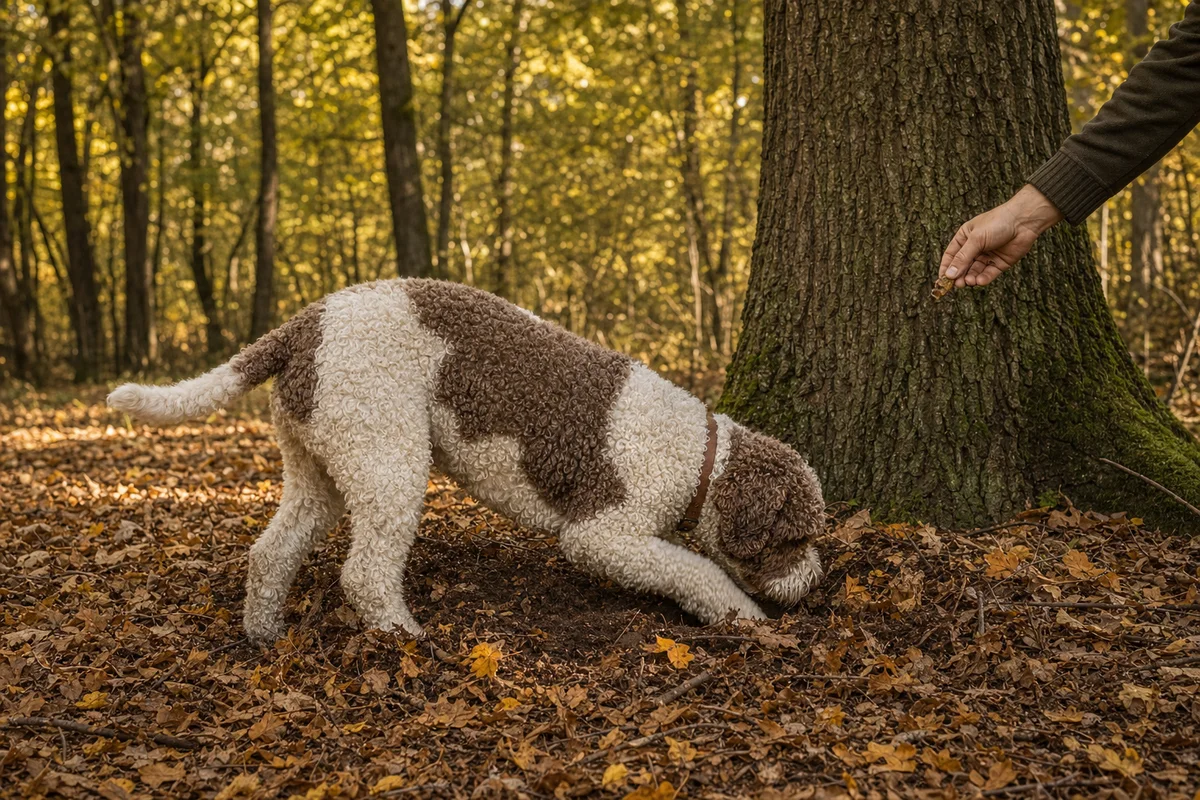 Lagotto romagnolo szuka trufli w ściółce pod dębem