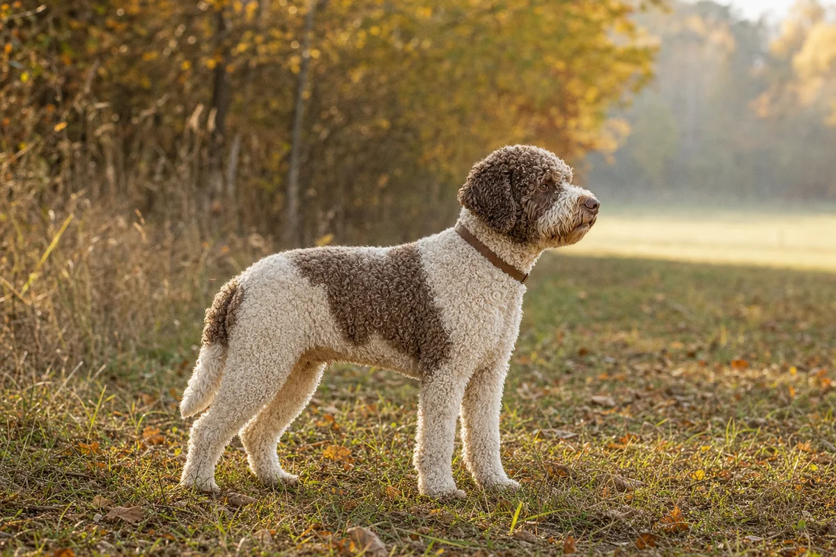 Lagotto romagnolo z profilu - kwadratowa sylwetka i wełniste loki