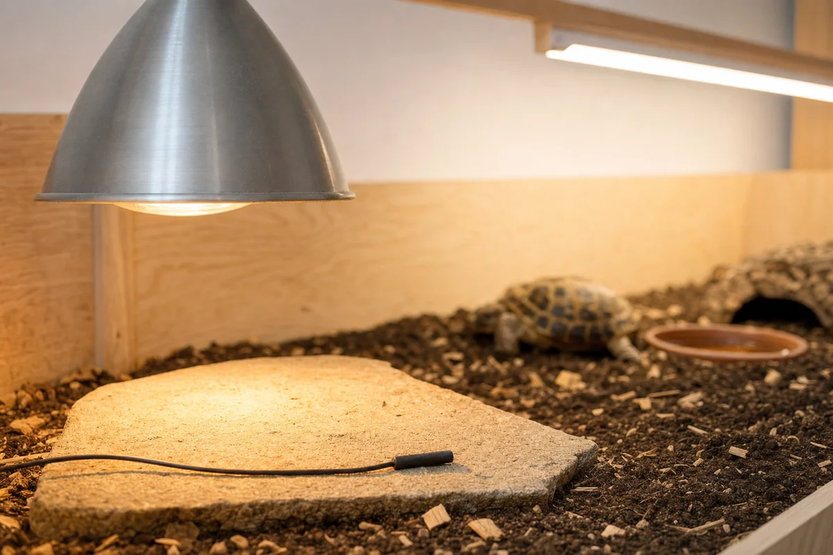 Lampa grzewcza, świetlówka UVB i sonda termometru nad miejscem wygrzewania żółwia