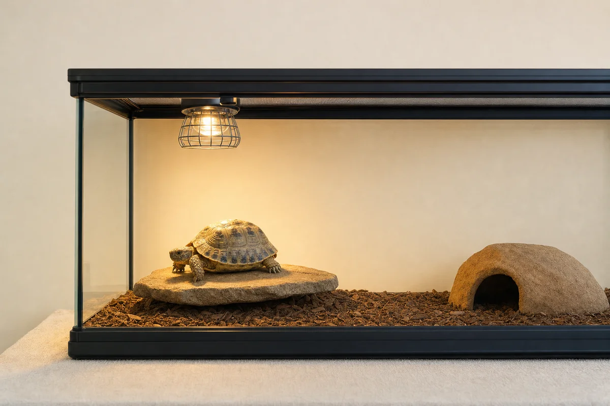 Lampa grzewcza w osłonie nad terrarium żółwia - ochrona przed oparzeniem