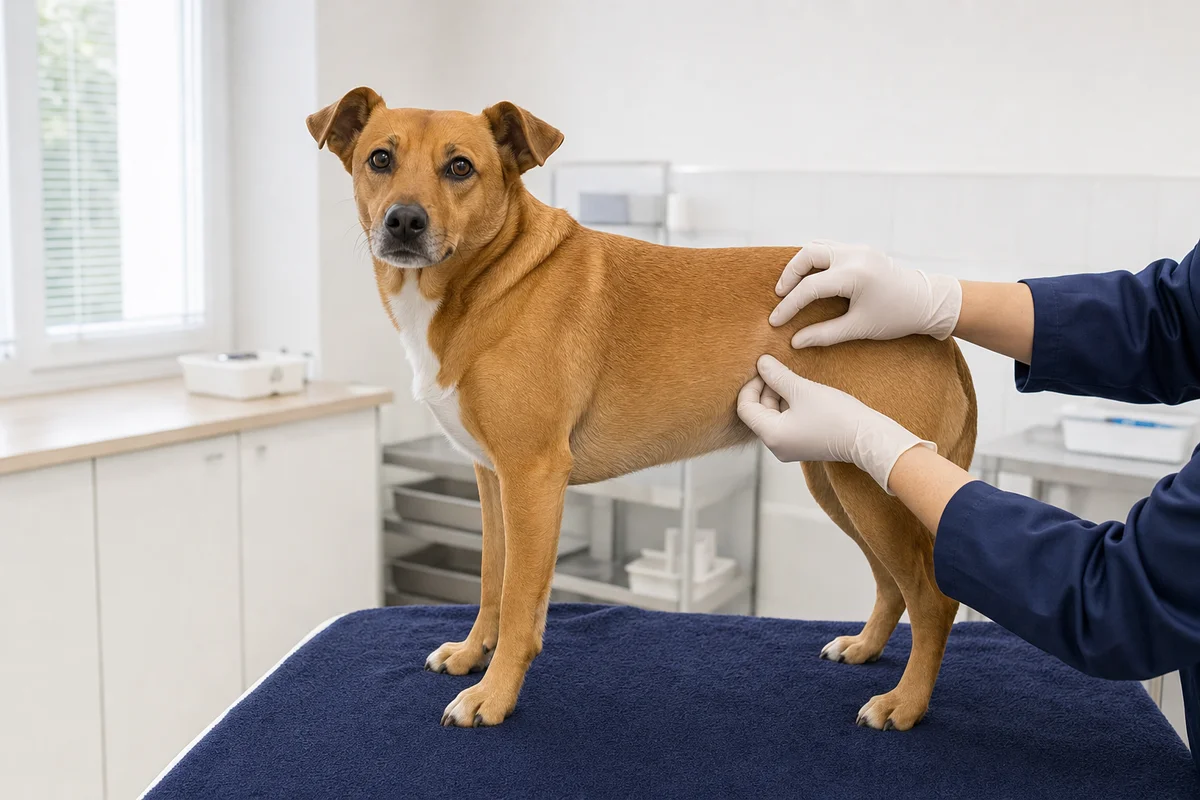 Lekarz weterynarii bada guzek u psa dotykiem — pierwszy krok przed biopsją