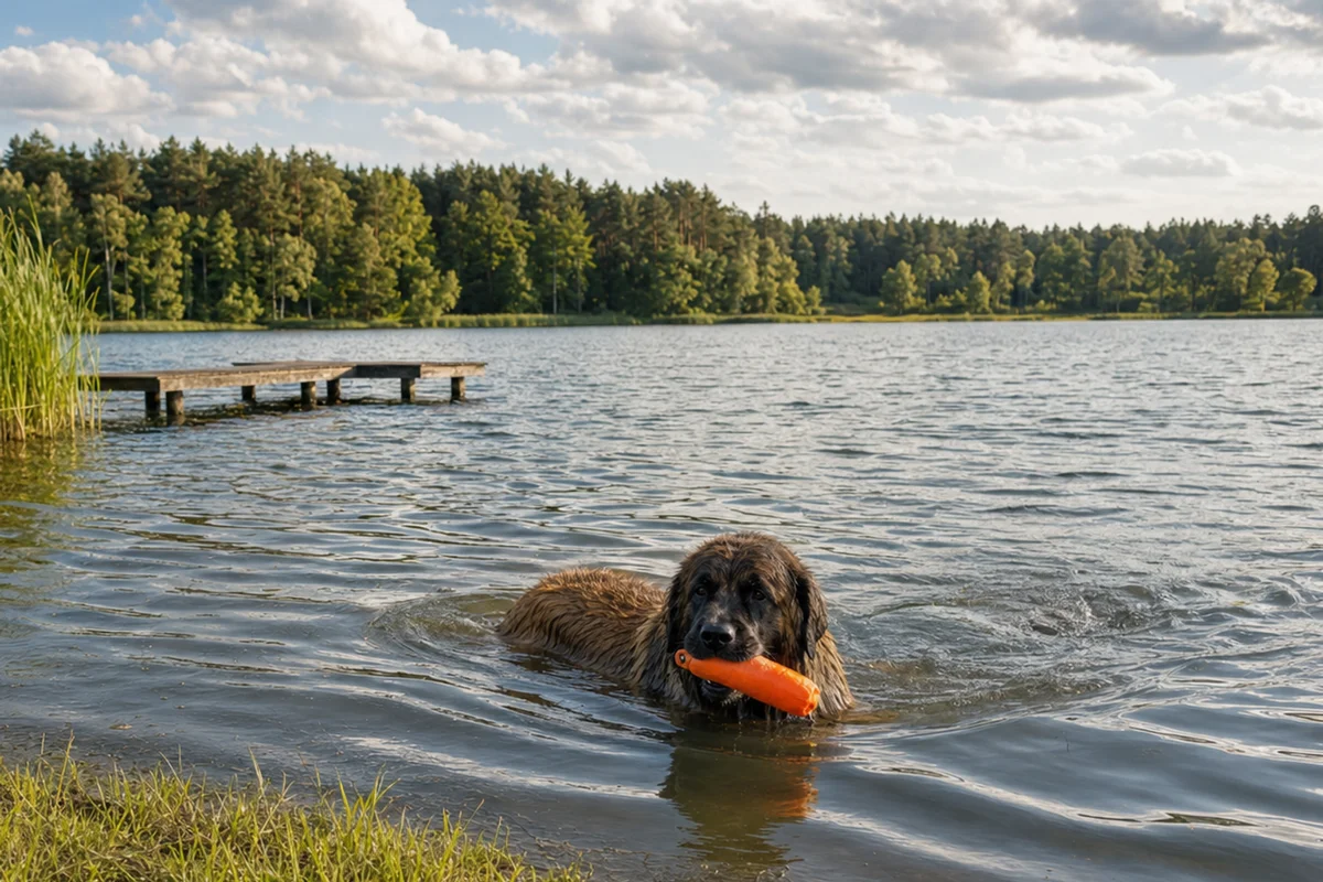 Leonberger płynie z aporterem w pysku