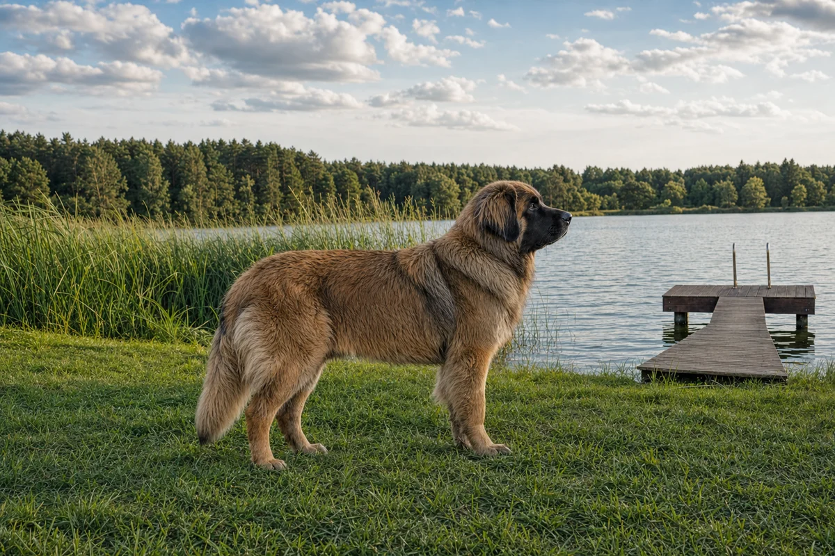Leonberger z profilu: budowa i lwio-płowe umaszczenie