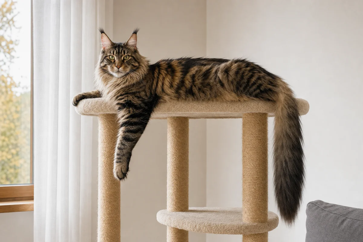 Maine coon odpoczywa na wysokim, stabilnym drapaku