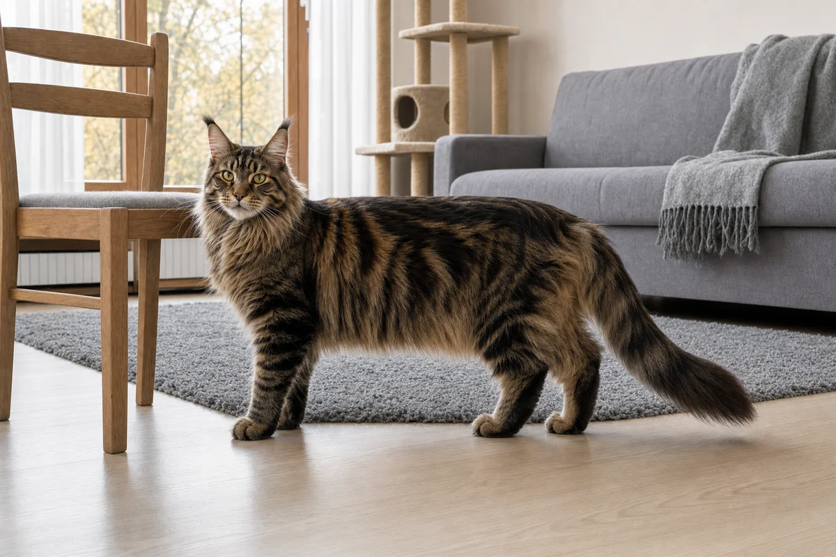 Maine coon z profilu — wielkość, kryza i długi ogon