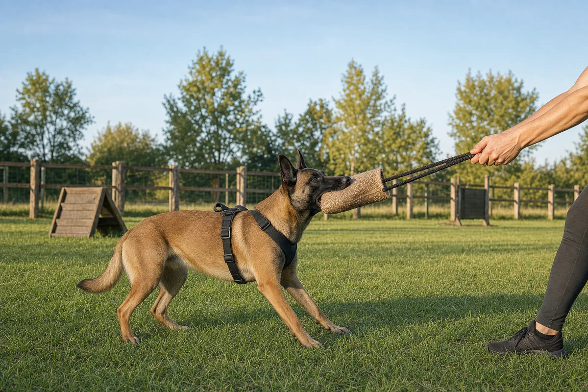 Malinois bawi się szarpakiem z opiekunem