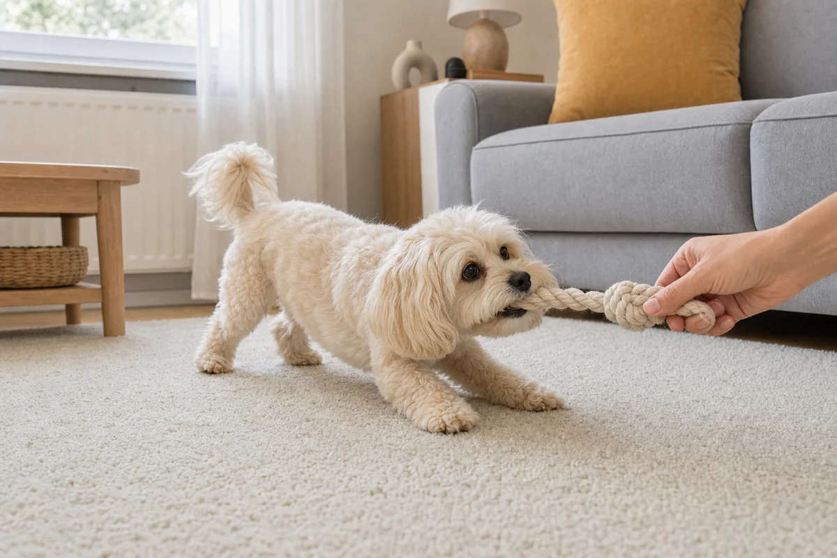 Maltipoo bawi się w domu zabawką z liny