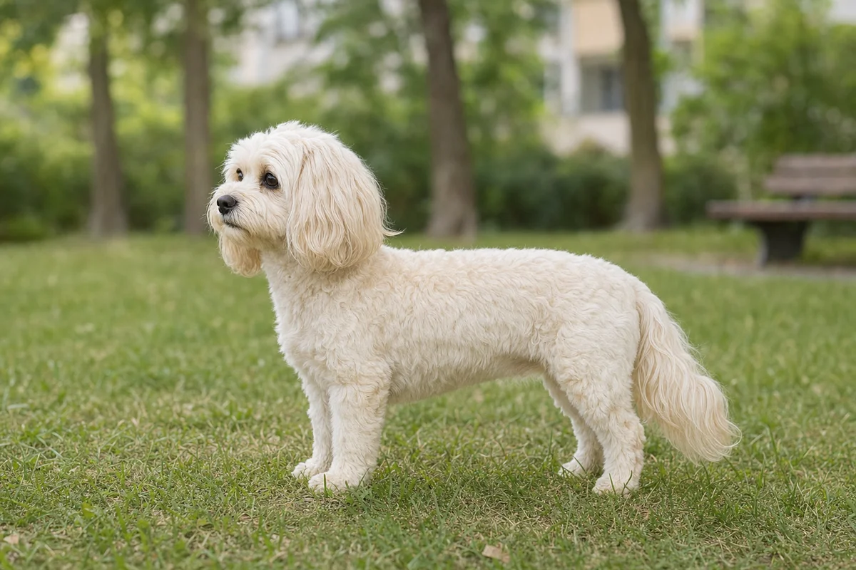 Maltipoo z profilu — drobna budowa i falista sierść