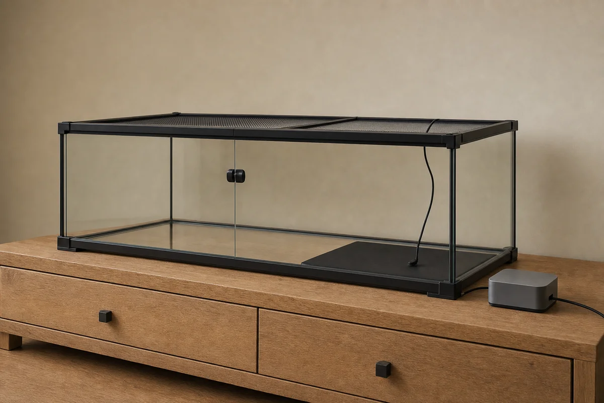 Mata grzewcza pod jedną trzecią dna terrarium i czujnik termostatu