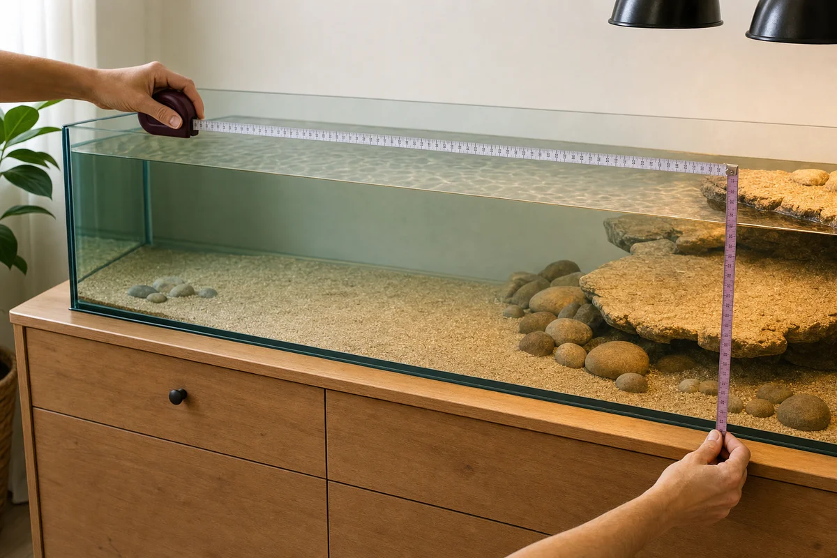 Mierzenie długości akwaterrarium i głębokości wody dla żółwia