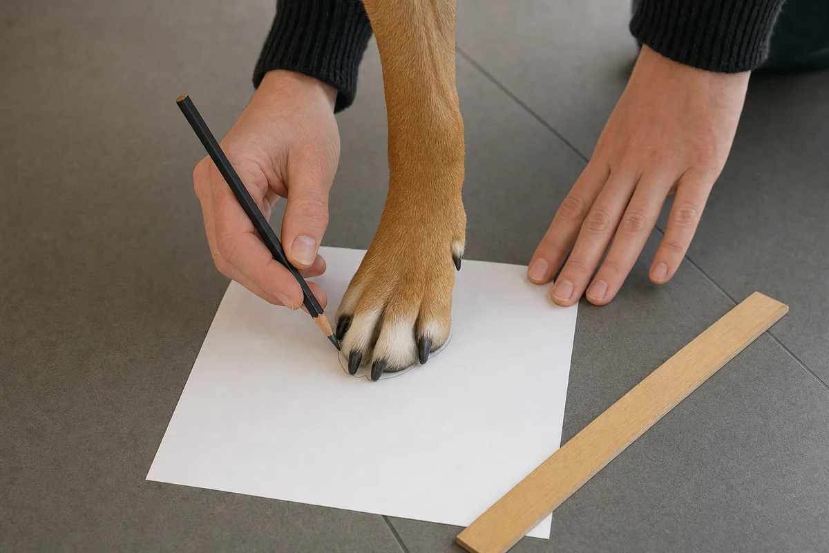 Mierzenie łapy psa do butów — obrys na kartce papieru