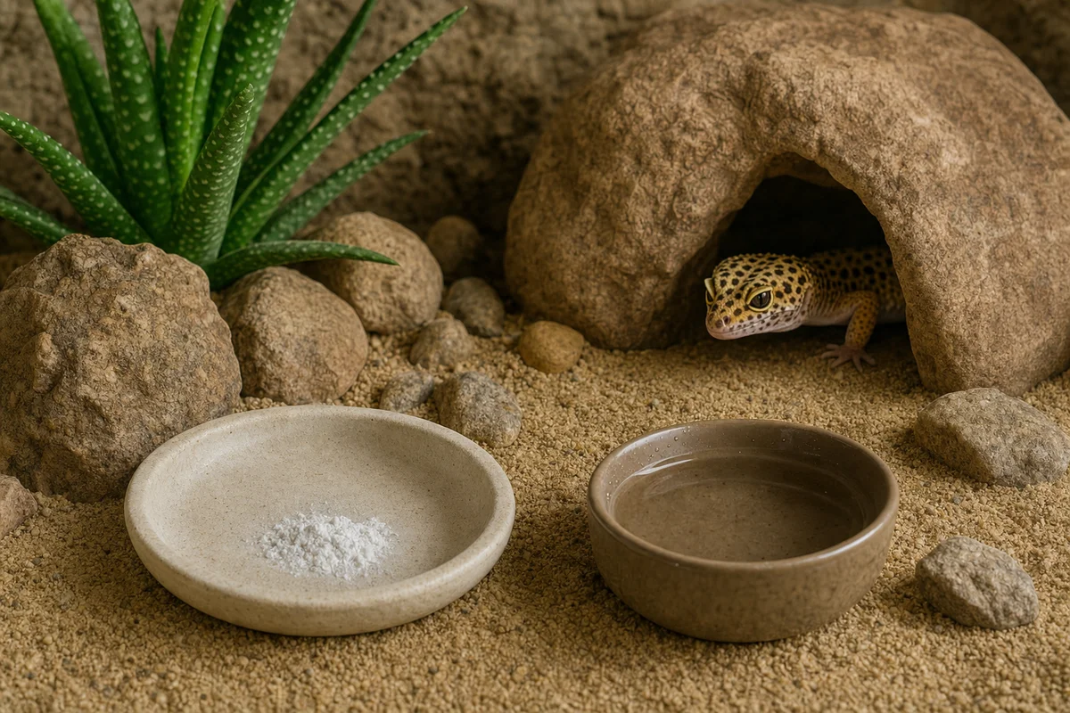 Miseczka z wapniem bez D3 w terrarium gekona lamparciego
