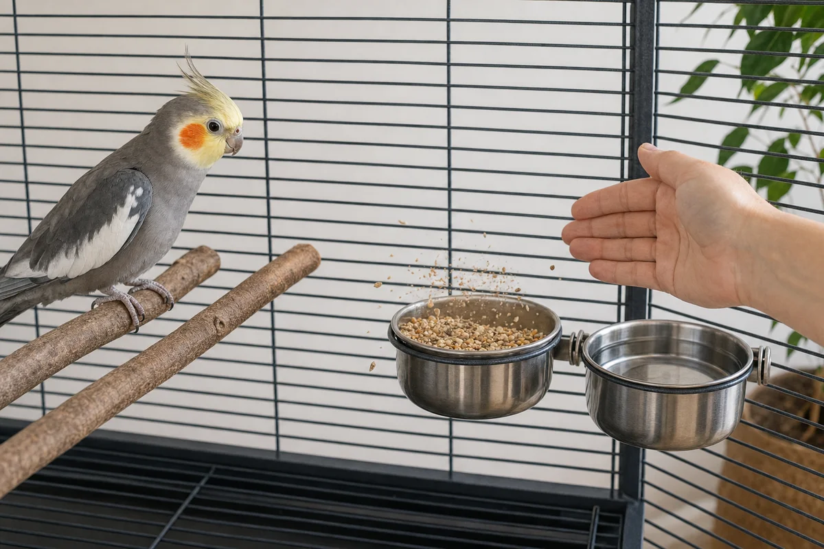 Miski w klatce papugi zawieszone obok grzędy, nie pod nią