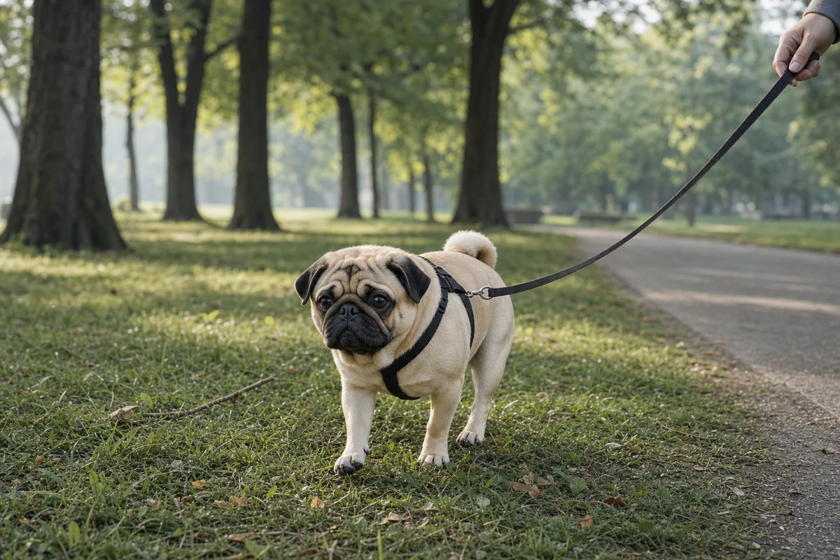 Mops w szelkach na porannym spacerze w parku