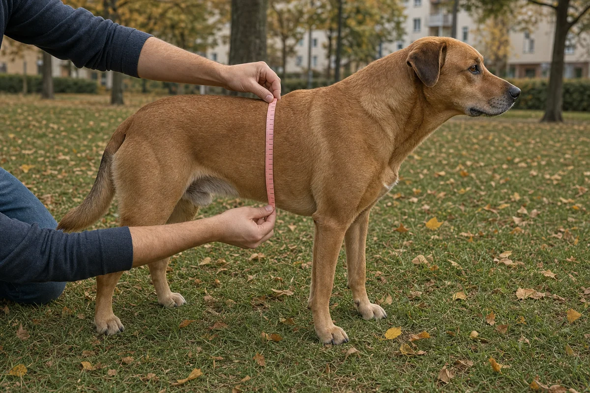 Mierzenie obwodu klatki piersiowej psa przed doborem szelek