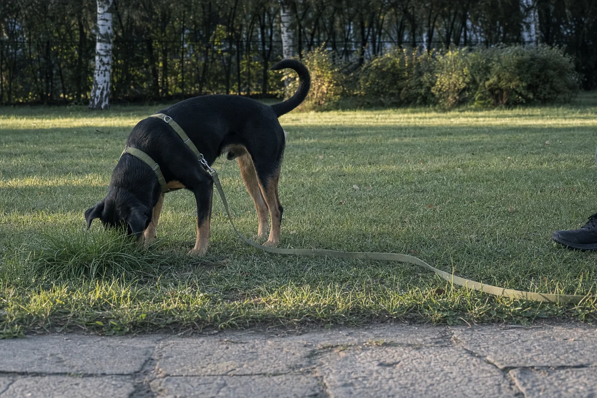 Pies węszy w trawie na długiej lince podczas spaceru węchowego