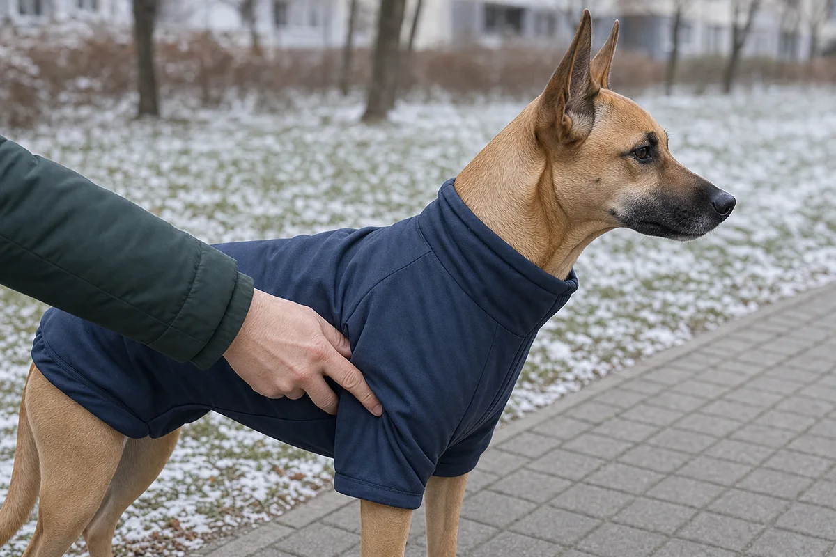 Sprawdzanie luzu pod ubrankiem psa dwoma palcami na klatce piersiowej