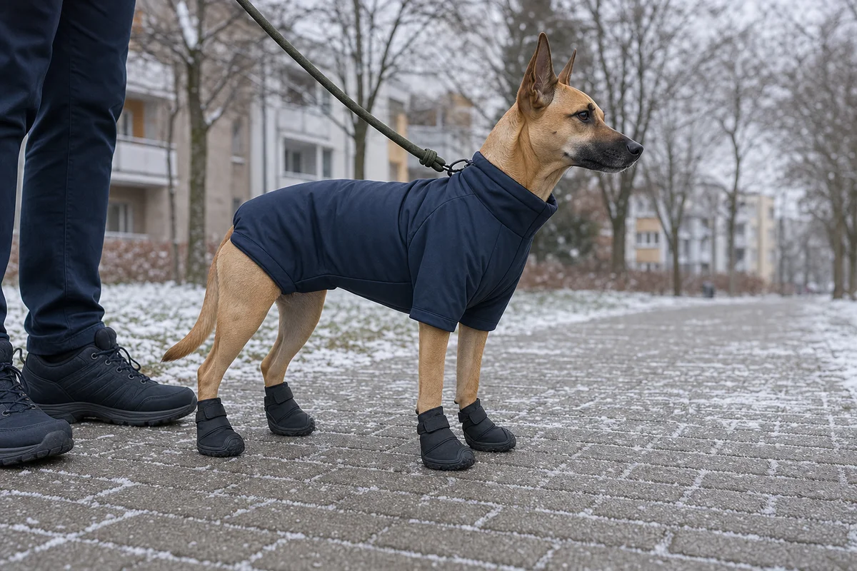 Pies w butach ochronnych na zimowym chodniku