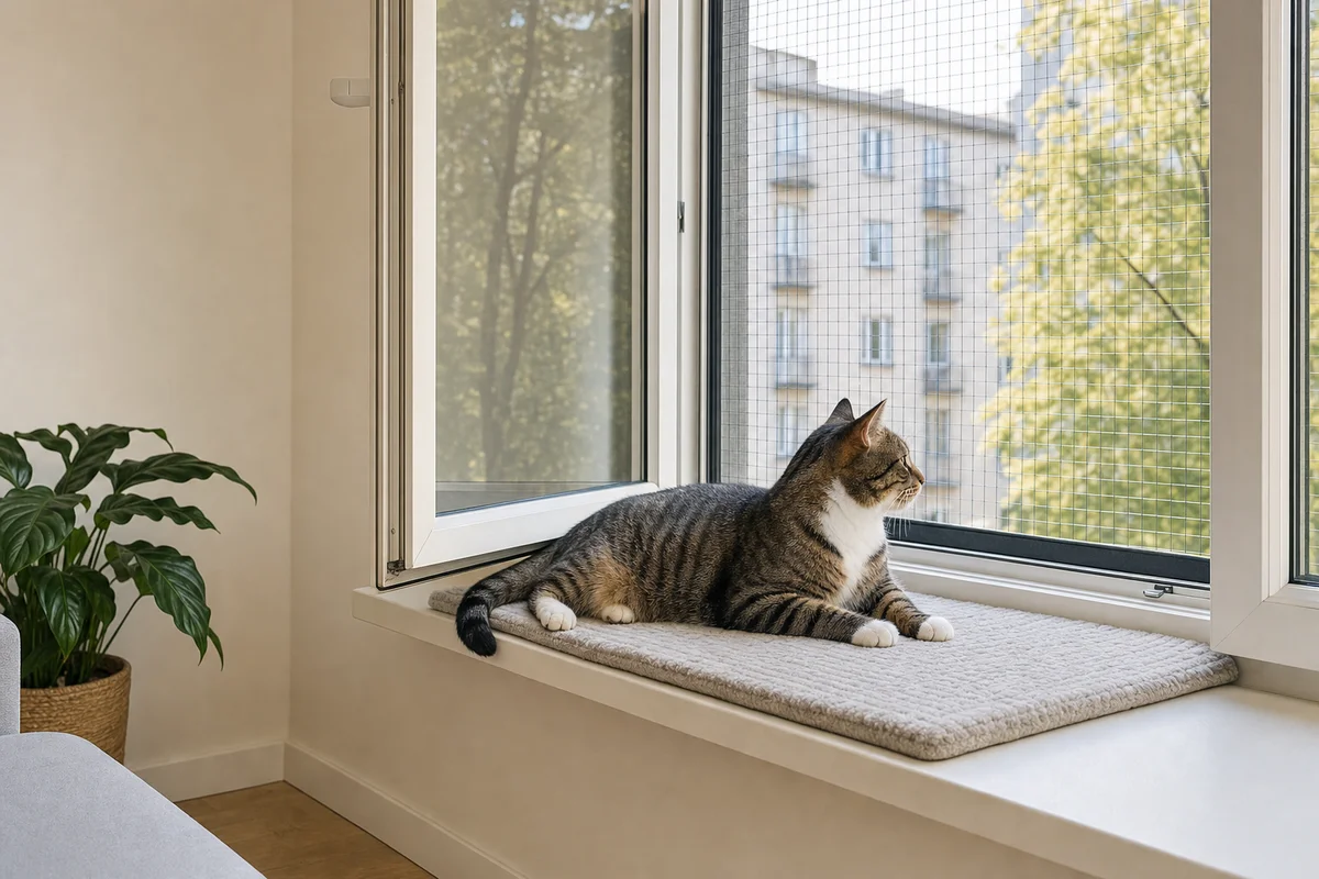 Kot na macie na parapecie przy oknie zabezpieczonym siatką ochronną