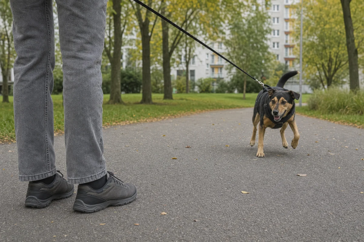Napięta smycz i zatrzymany opiekun podczas nauki luźnego chodzenia
