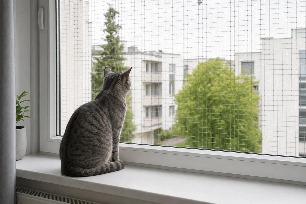 Kot na parapecie przy oknie zabezpieczonym siatką ochronną