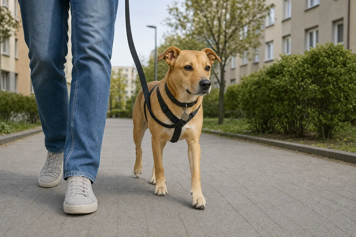Spacer z psem za dnia, przed zmrokiem, w szelkach i z adresówką przy obroży