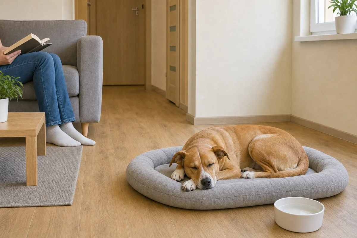 Pies z adopcji śpi na legowisku, a domownik spokojnie zajmuje się swoimi sprawami