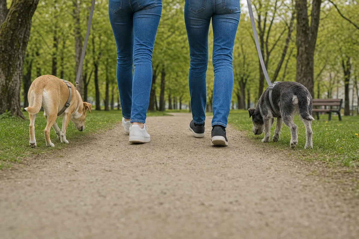 Pierwsze spotkanie dwóch psów podczas spaceru równoległego, z ludźmi między psami