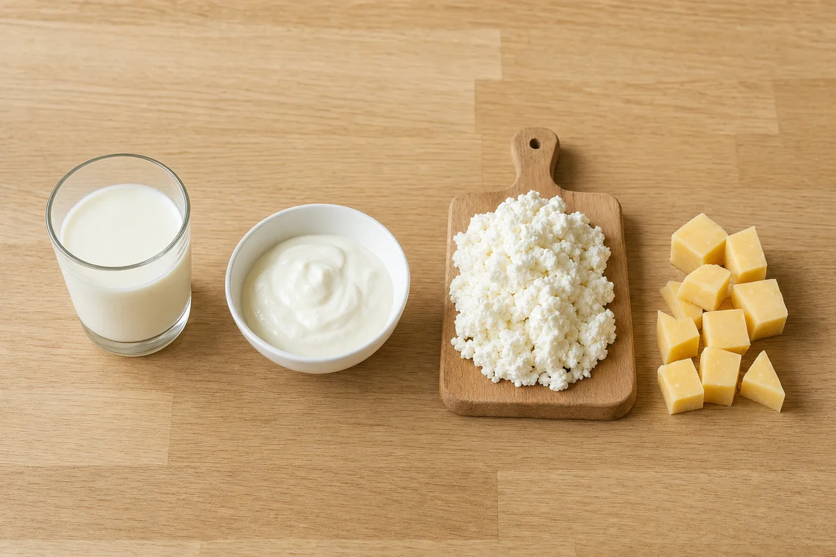 Mleko, jogurt naturalny, twaróg i ser żółty rozłożone obok siebie na blacie