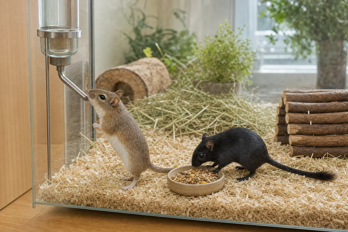 Myszoskoczek pije z poidła zawieszonego nad podłożem terrarium