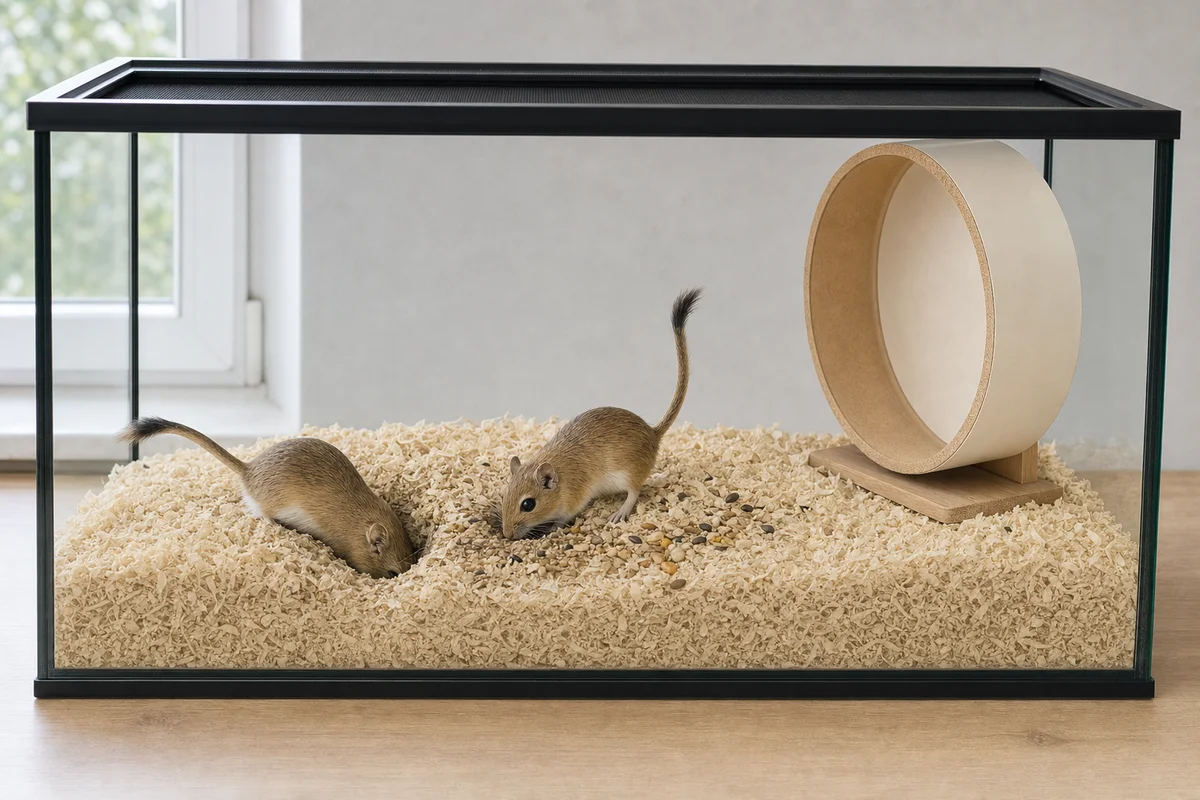 Myszoskoczki szukają karmy rozsypanej w podłożu terrarium