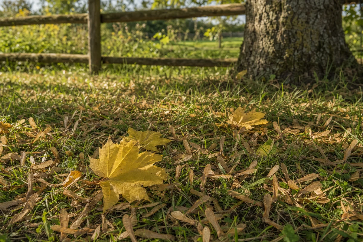 Nasiona klonu jawora na trawie przy pastwisku jesienią