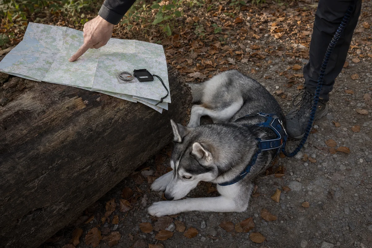 Nawigacja z mapą i kompasem na rajdzie dogtrekkingowym