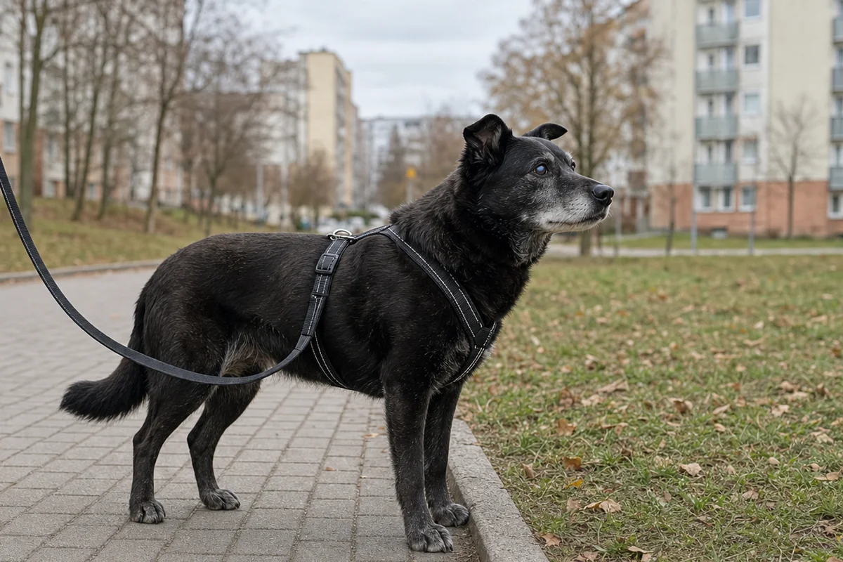 Niewidomy pies na spacerze w szelkach zatrzymuje się przed krawężnikiem