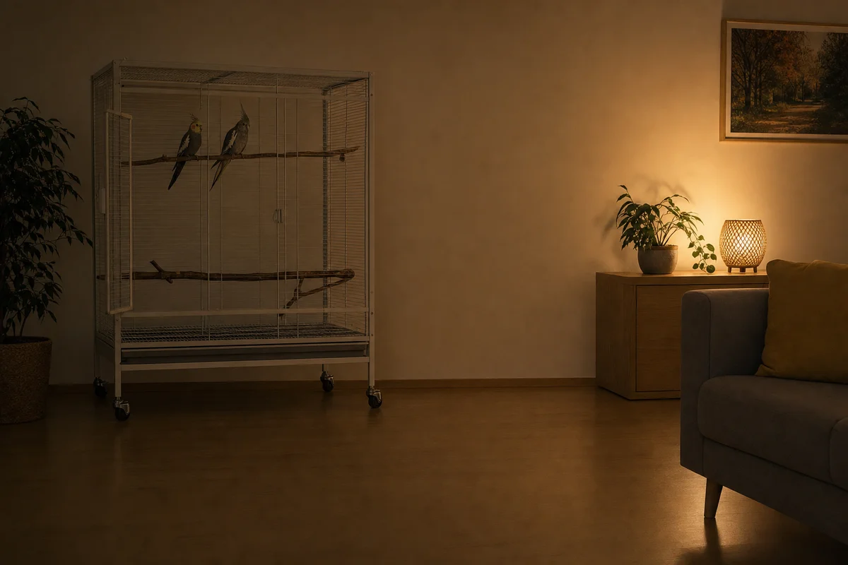 Nimfy śpią w klatce przy słabym świetle nocnej lampki