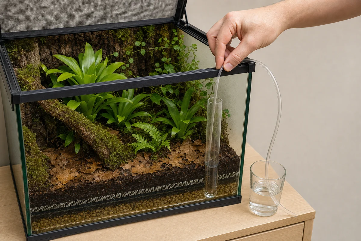 Odciąganie nadmiaru wody z drenażu terrarium bioaktywnego