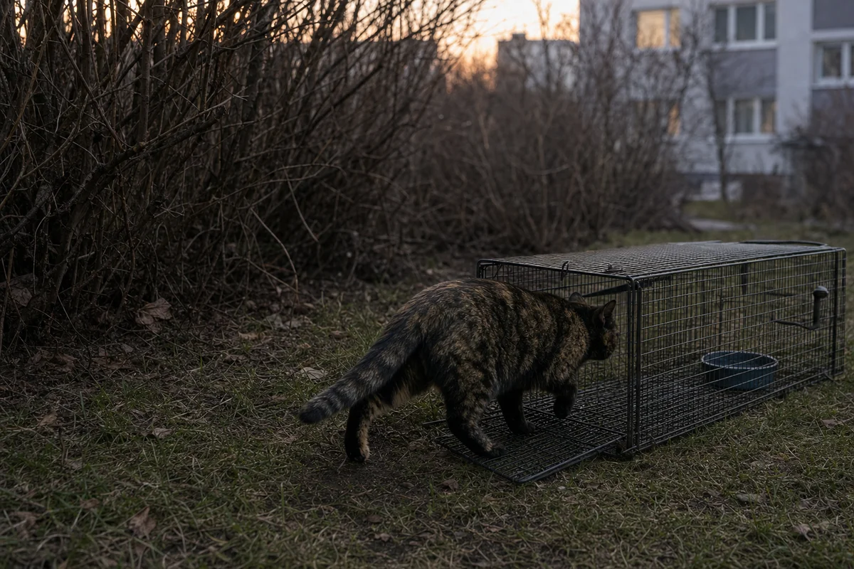 Odłów kotki wolno żyjącej klatką-łapką przed kastracją