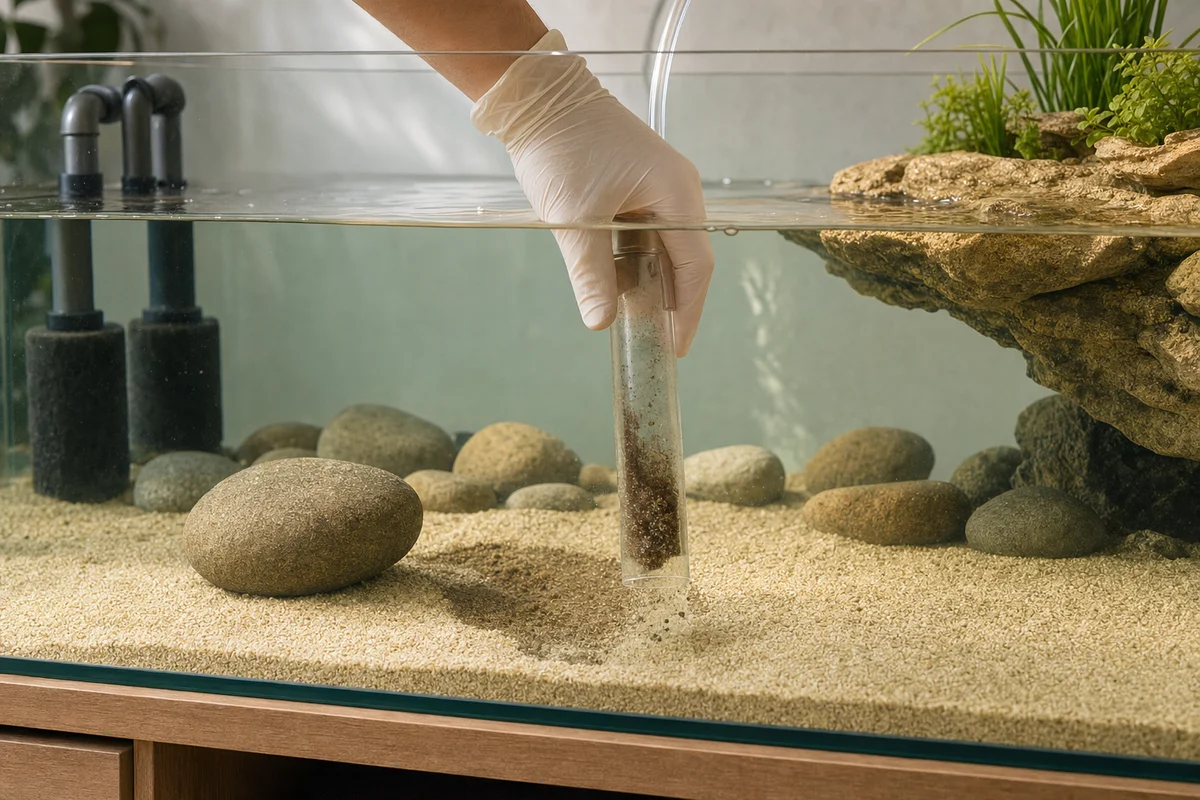 Odmulanie piasku w akwaterrarium żółwia odmulaczem nad dnem