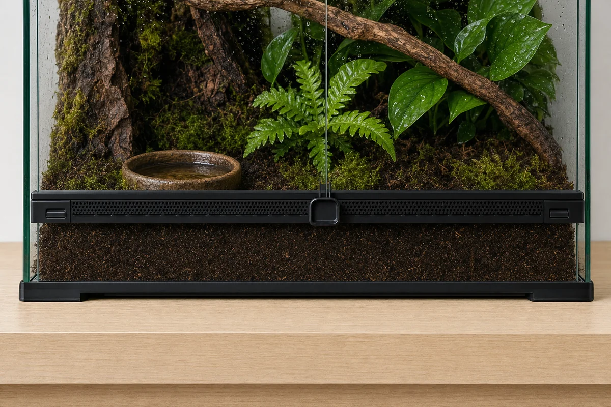 Odsłonięta dolna kratka wentylacyjna terrarium — podłoże poniżej kratki