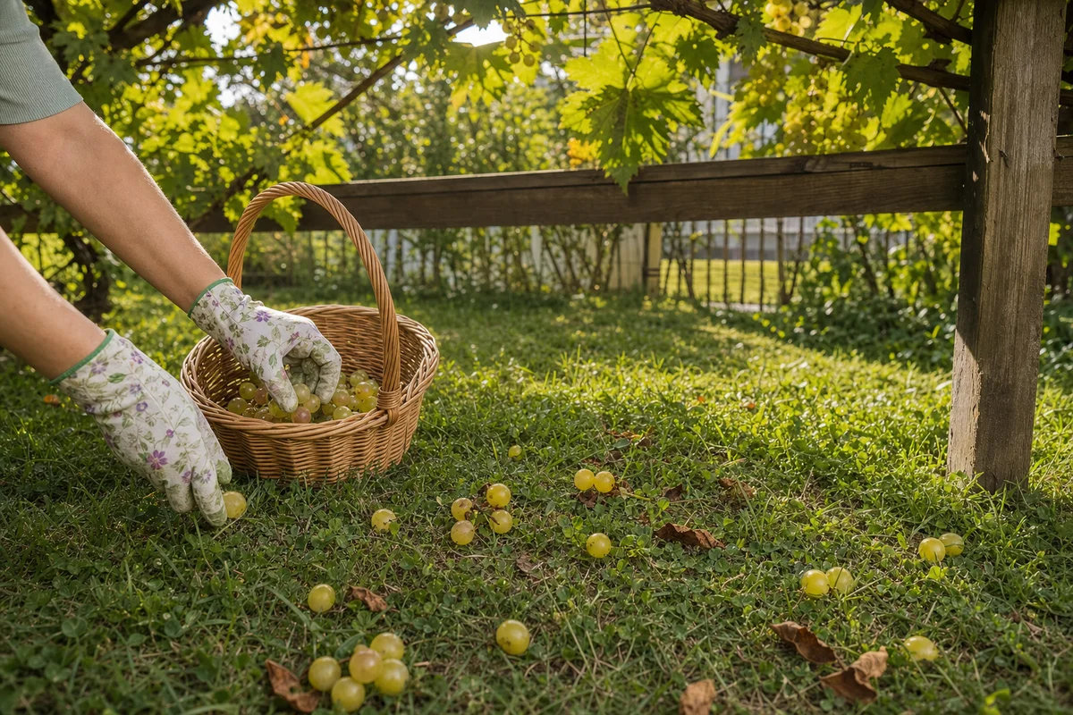 Opadłe winogrona pod winoroślą w ogrodzie zbierane przed wypuszczeniem psa