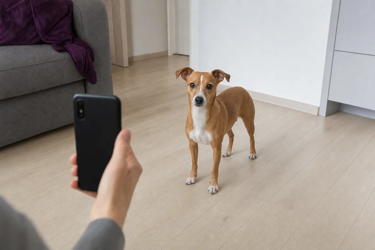 Opiekun nagrywa telefonem drżącego psa, żeby pokazać nagranie lekarzowi weterynarii