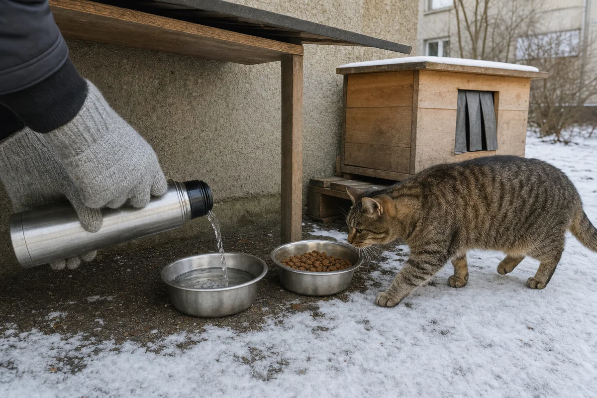 Opiekun nalewa letnią wodę kotom wolno żyjącym zimą