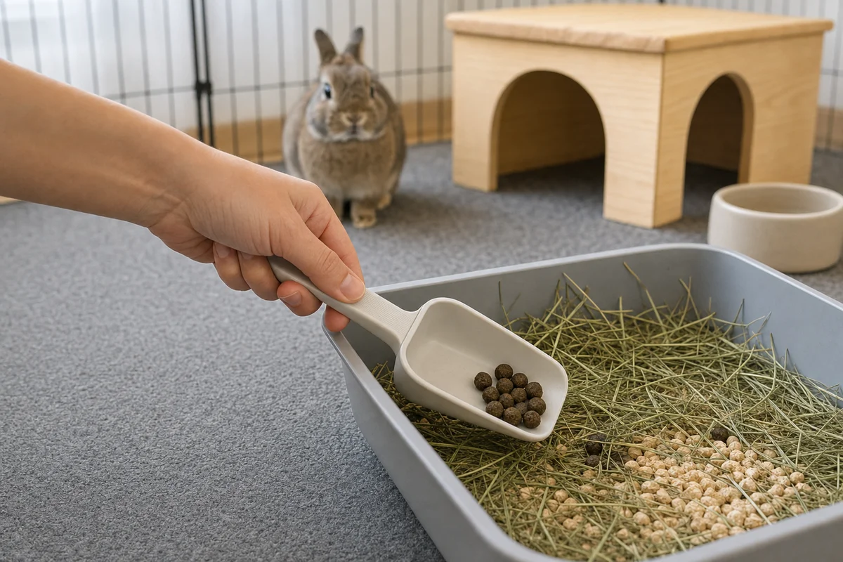 Opiekun przenosi bobki królika z podłogi do kuwety