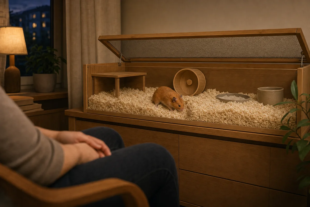 Opiekun siedzi spokojnie przy wybiegu, a chomik oswaja się z jego obecnością