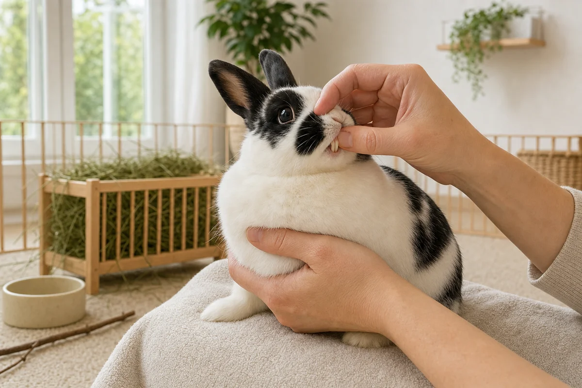 Opiekun sprawdza przednie zęby królika, delikatnie unosząc wargę