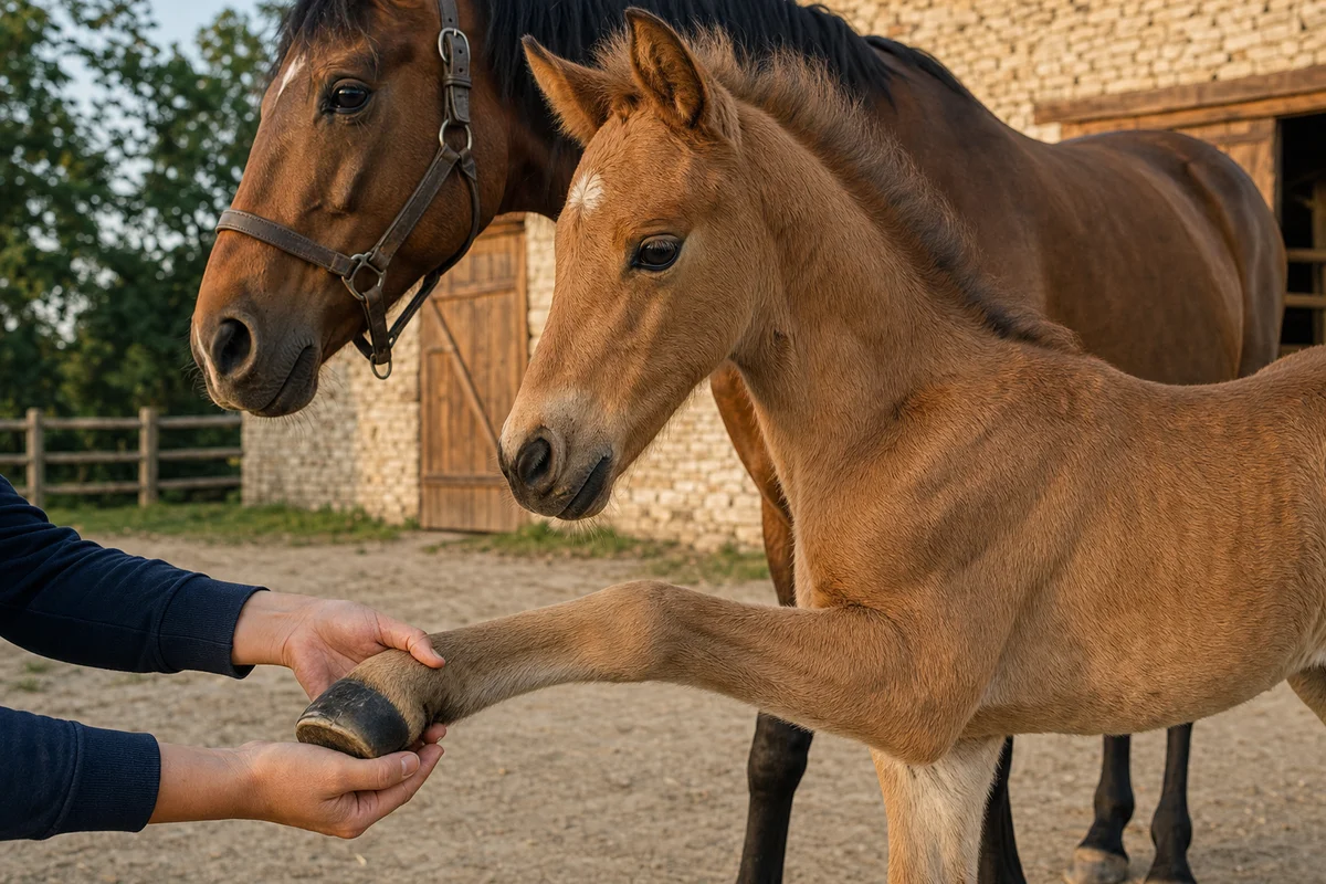 Opiekun uczy źrebię podawania nogi — kopytka źrebięcia