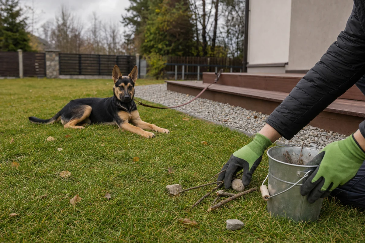 Opiekun zbiera patyki i kamienie z trawnika, zanim wypuści psa do ogrodu