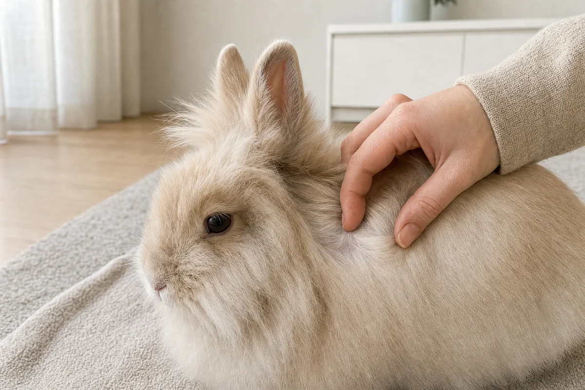 Opiekunka sprawdza sierść królika teddy za uchem, gdzie najłatwiej powstają kołtuny