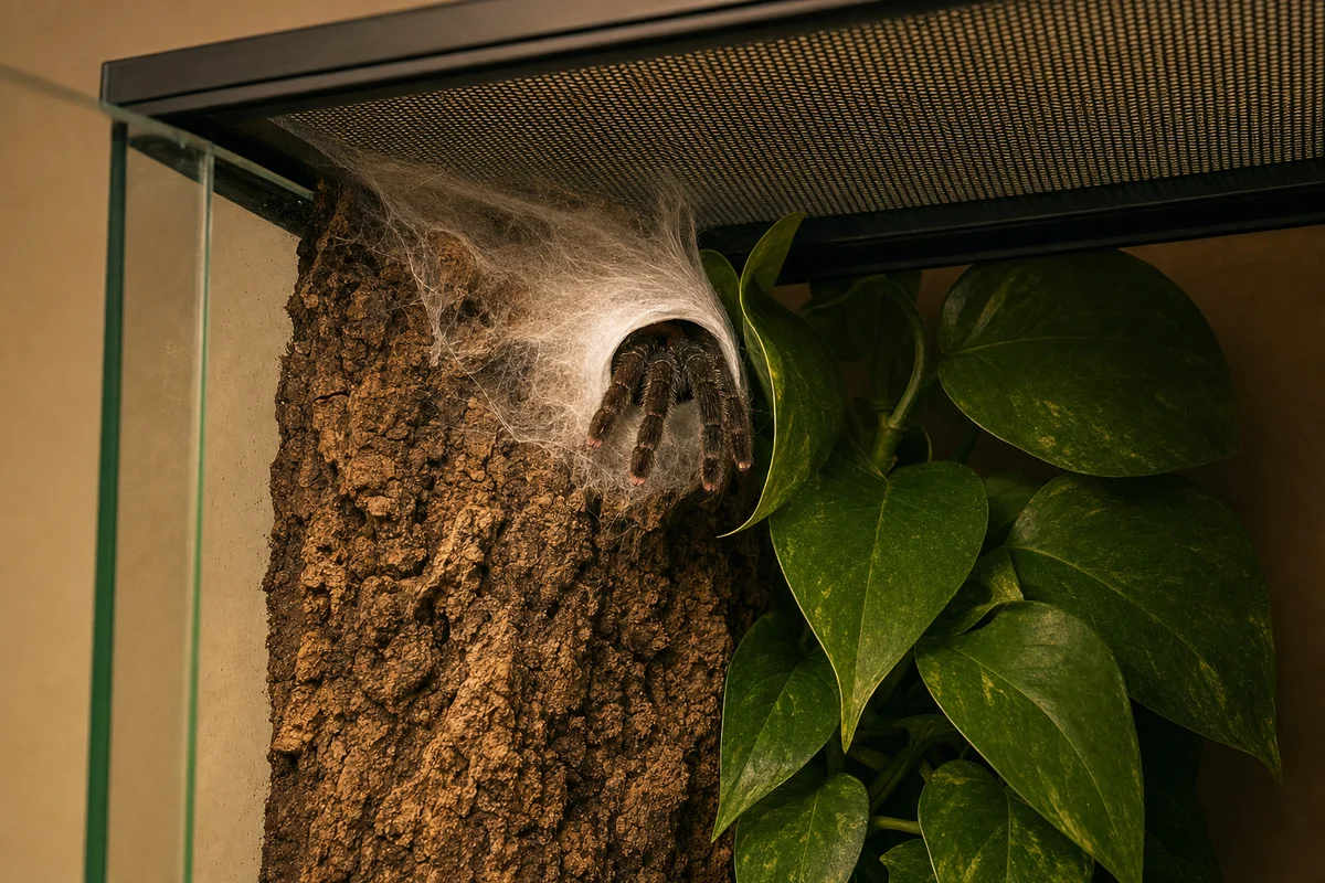 Oprzęd ptasznika nadrzewnego w kształcie rurki pod pokrywą terrarium